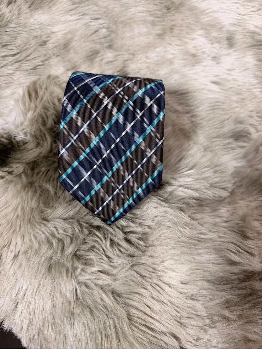 Uomo Venetto Classic Plaid Men’s Tie in Navy Brown and Teal - Handmade